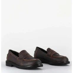 Mocassins Plats A Bout Rond En Cuir Cuir Effet Vintage Marron - Chino Soul Meringa