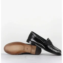Mocassins Plats En Cuir Glace Noir & Rivets Argent - Tore Abra Nero