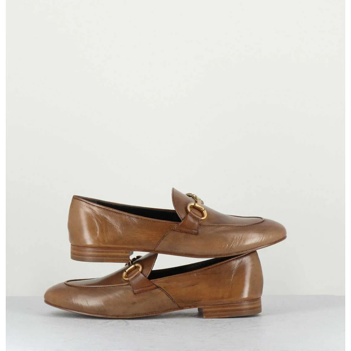 Mocassins Plats En Cuir Souple Camel & Mors Dore - N125 Cuoio