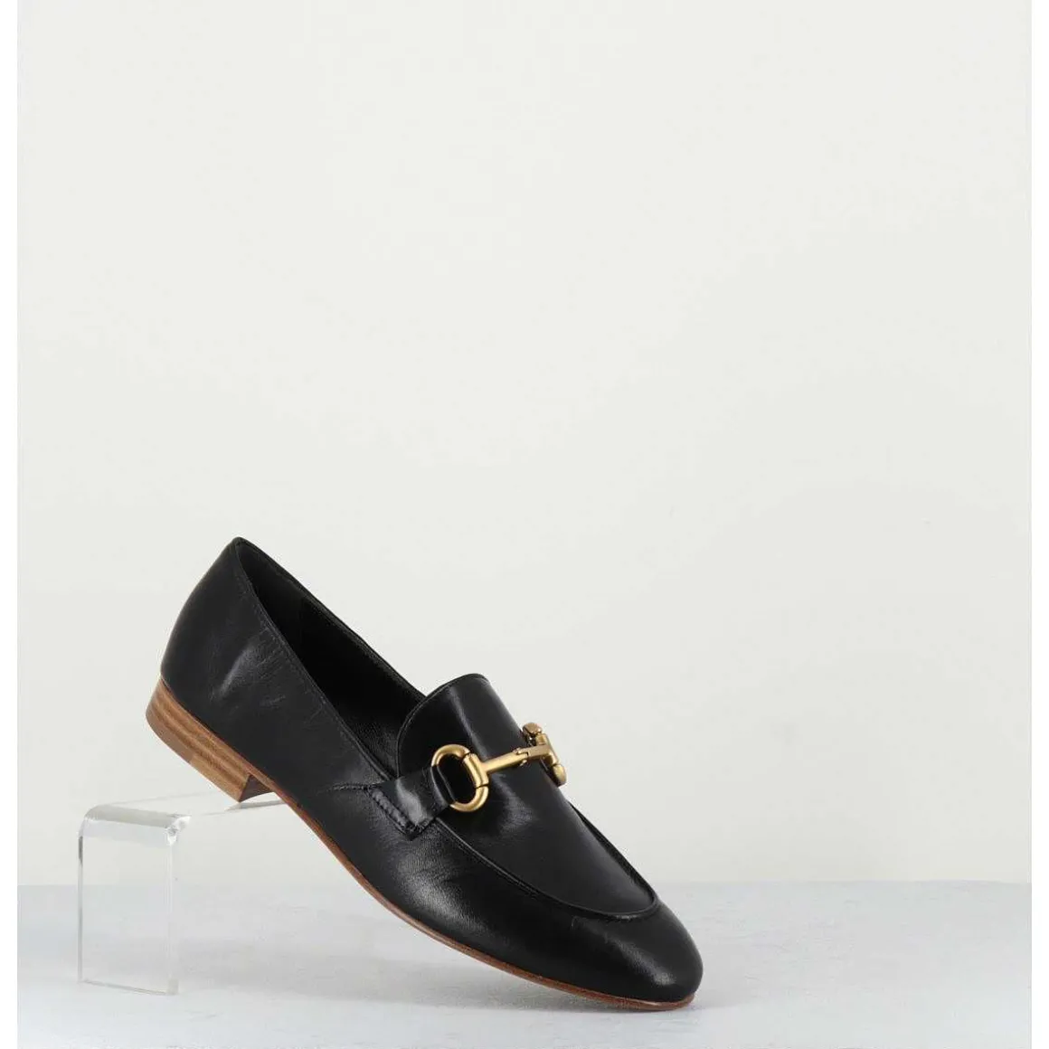 Mocassins Plats En Cuir Souple Noir & Mors Dore - N125 Nero
