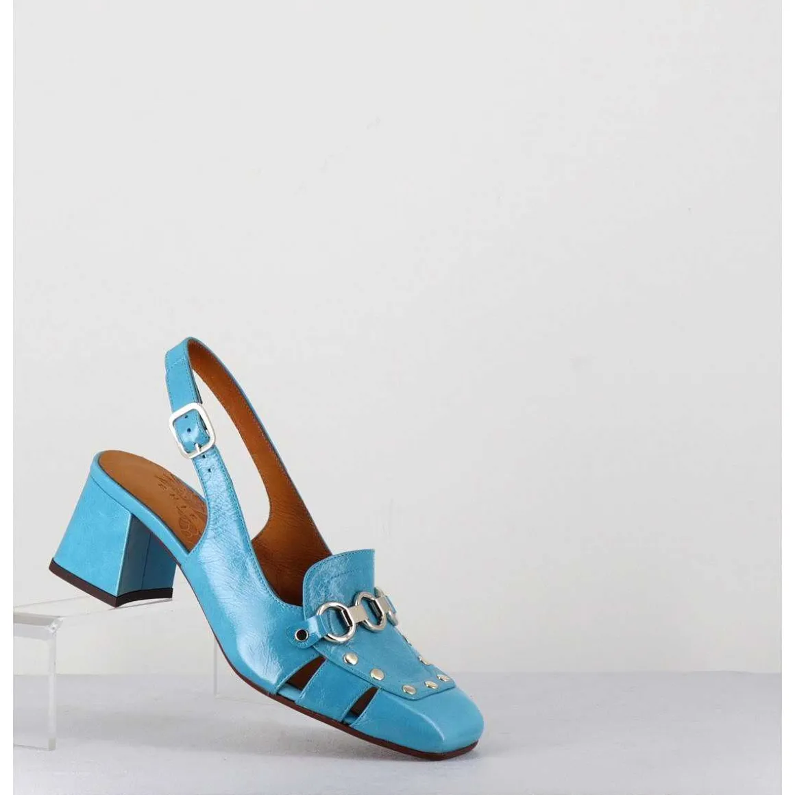 Mocassins Slingback En Cuir Bleu Petit Talon - Vururu Saab Blue