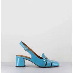 Mocassins Slingback En Cuir Bleu Petit Talon - Vururu Saab Blue