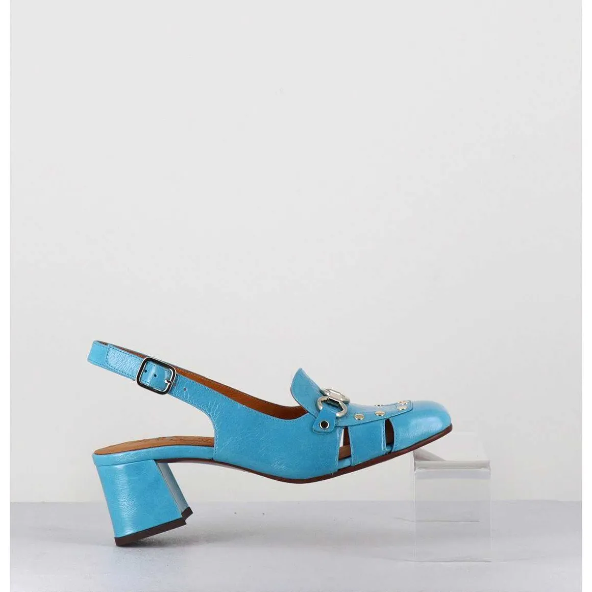 Mocassins Slingback En Cuir Bleu Petit Talon - Vururu Saab Blue