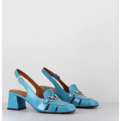 Mocassins Slingback En Cuir Bleu Petit Talon - Vururu Saab Blue