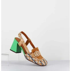 Mocassins Slingback Motif Retro Camel & Vert - Suyli Blues Cuero