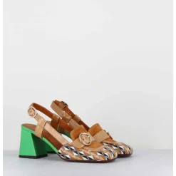 Mocassins Slingback Motif Retro Camel & Vert - Suyli Blues Cuero