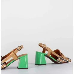 Mocassins Slingback Motif Retro Camel & Vert - Suyli Blues Cuero