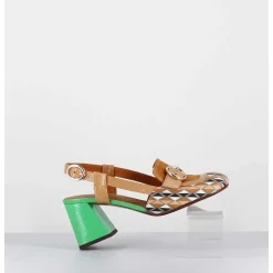 Mocassins Slingback Motif Retro Camel & Vert - Suyli Blues Cuero