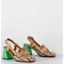 Mocassins Slingback Motif Retro Camel & Vert - Suyli Blues Cuero