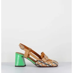 Mocassins Slingback Motif Retro Camel & Vert - Suyli Blues Cuero
