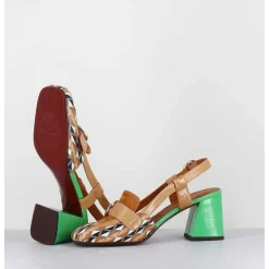 Mocassins Slingback Motif Retro Camel & Vert - Suyli Blues Cuero