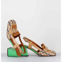 Mocassins Slingback Motif Retro Camel & Vert - Suyli Blues Cuero