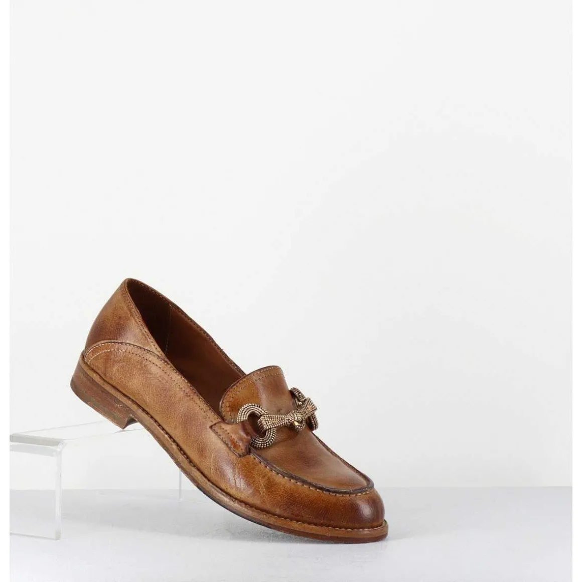 Mocassins Souple En Cuir Camel Avec Mors Dore - 5246 Buf Sughero