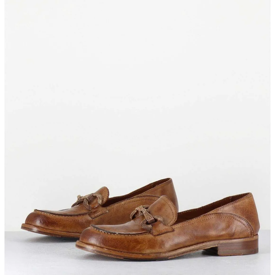 Mocassins Souple En Cuir Camel Avec Mors Dore - 5246 Buf Sughero