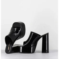 Mules A Haute Plateforme Cuir Vernis Noir - Marchi Vernice Nero