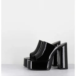 Mules A Haute Plateforme Cuir Vernis Noir - Marchi Vernice Nero