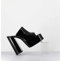 Mules A Haute Plateforme Cuir Vernis Noir - Marchi Vernice Nero