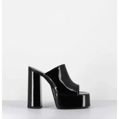 Mules A Haute Plateforme Cuir Vernis Noir - Marchi Vernice Nero