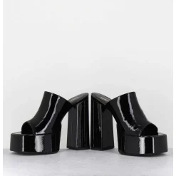 Mules A Haute Plateforme Cuir Vernis Noir - Marchi Vernice Nero