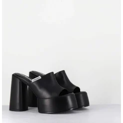 Mules A Plateforme & Talon Haut En Cuir Noir - M6494 Yukon Nero
