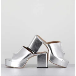 Mules A Plateforme En Cuir Metallise Argent - 1Gs444 Rabat Argento