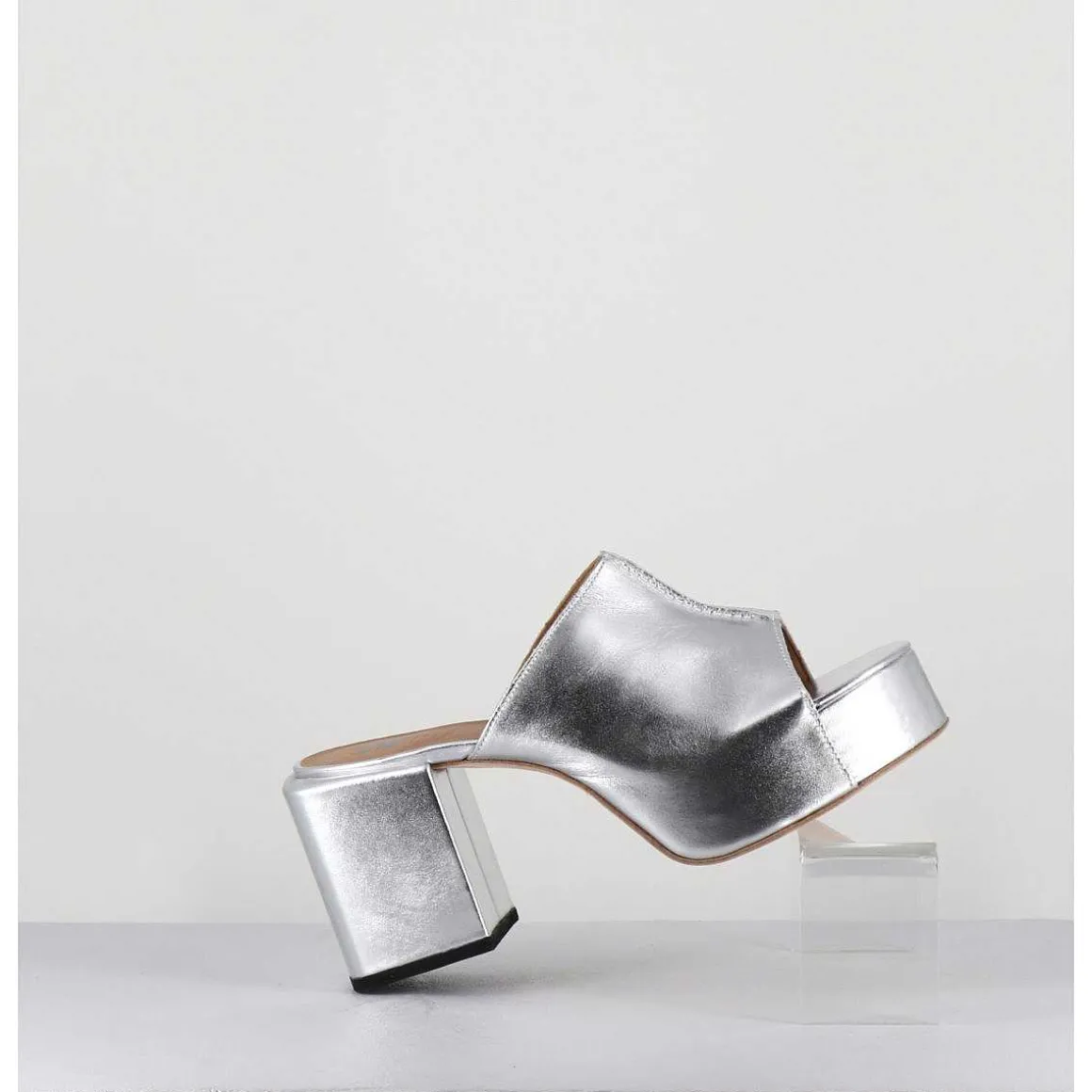 Mules A Plateforme En Cuir Metallise Argent - 1Gs444 Rabat Argento