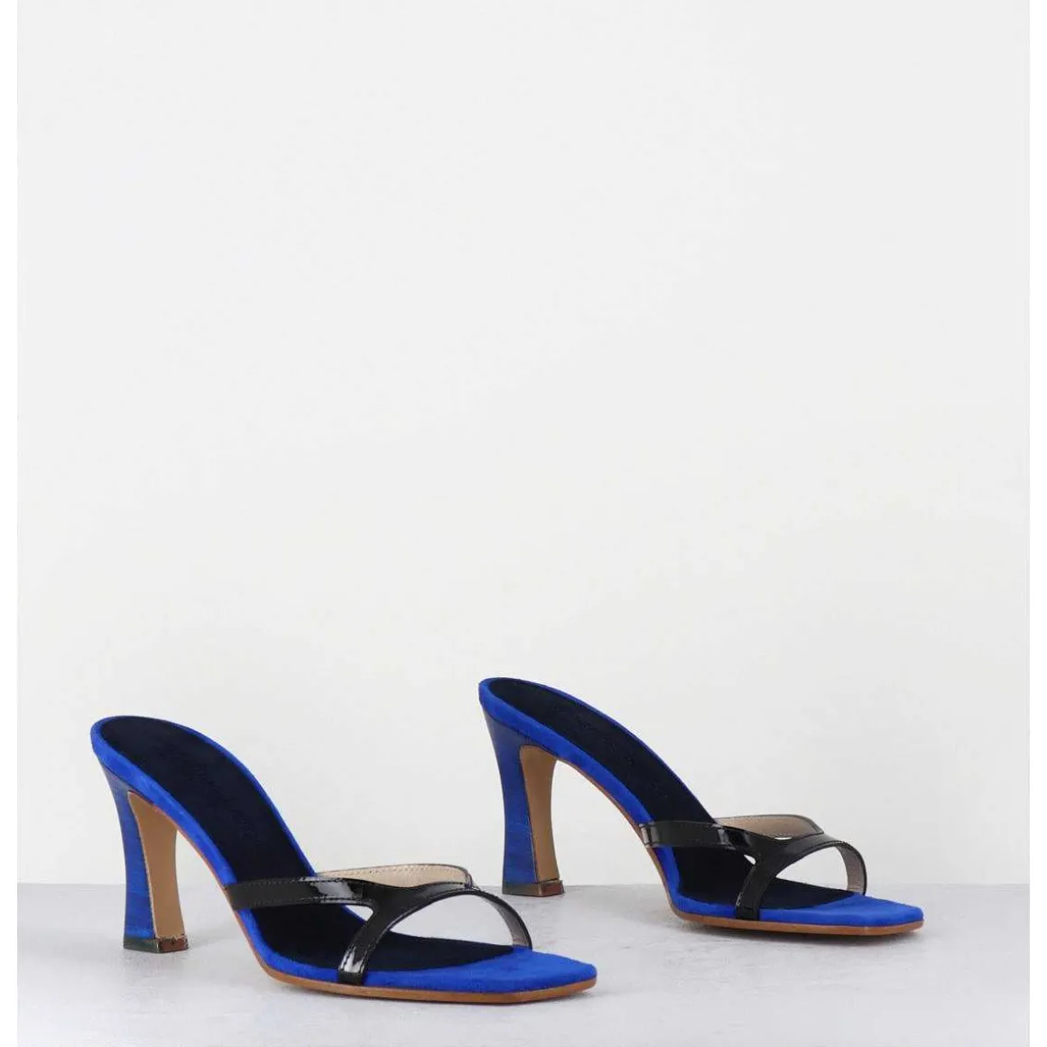 Mules A Talon 90S En Cuir Bleu & Noir - Mj1086 Suede Royal