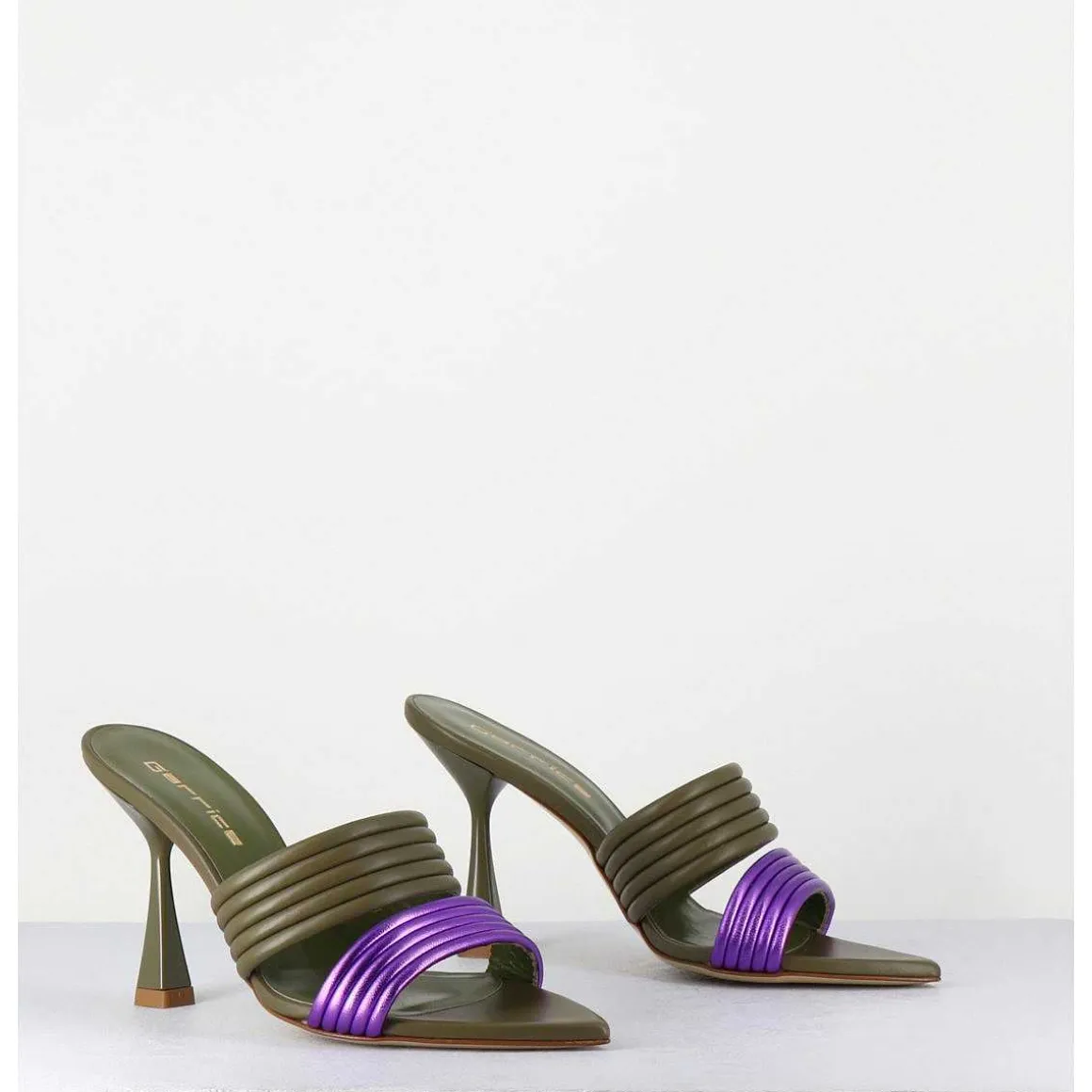 Mules Bi-Matiere Bout Pointu Talon Haut Vert & Violet - Kati Valley Laminato