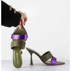 Mules Bi-Matiere Bout Pointu Talon Haut Vert & Violet - Kati Valley Laminato