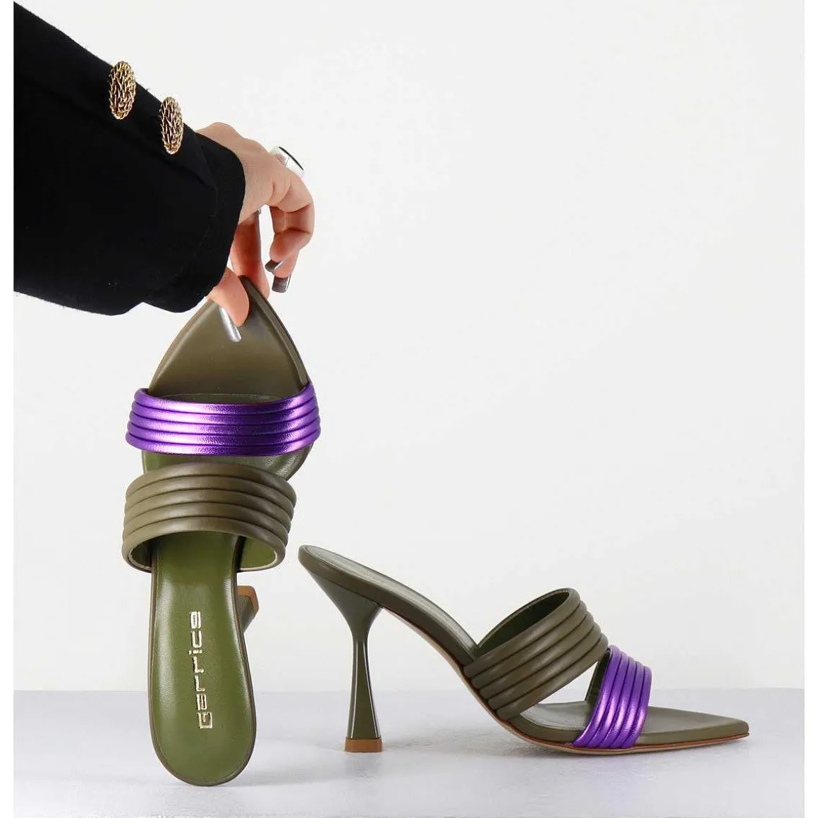 Mules Bi-Matiere Bout Pointu Talon Haut Vert & Violet - Kati Valley Laminato