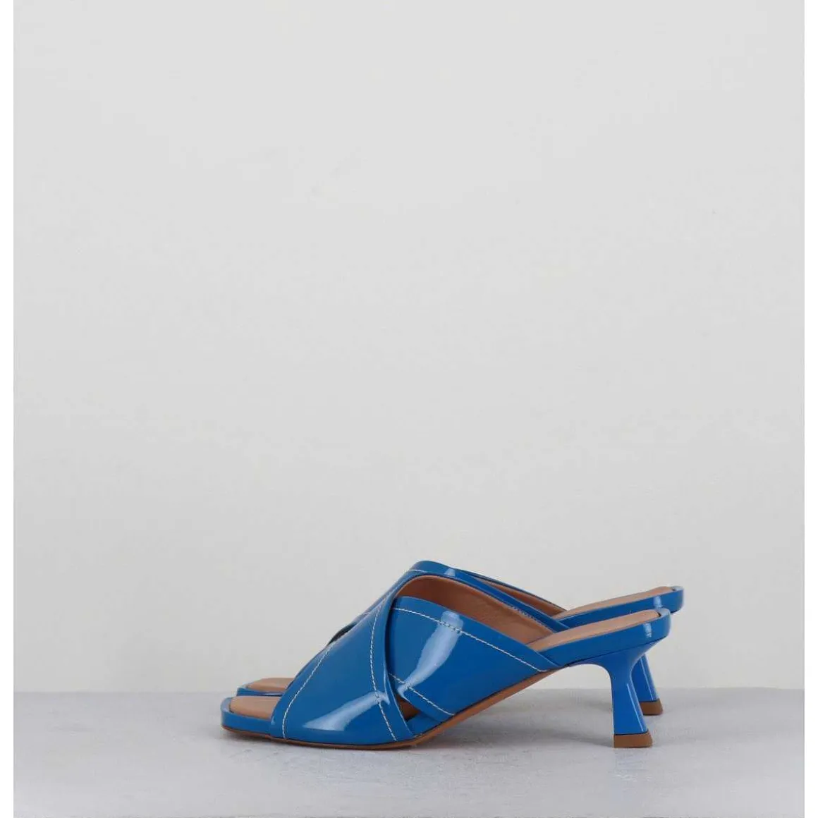 Mules Bout Carre Petit Talon Vernis Bleu - Cenza Vernice Blu