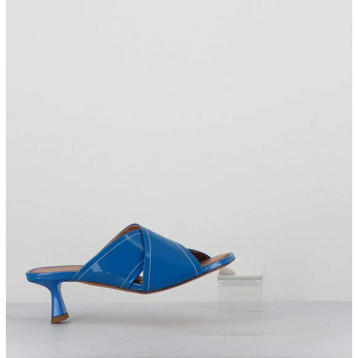 Mules Bout Carre Petit Talon Vernis Bleu - Cenza Vernice Blu