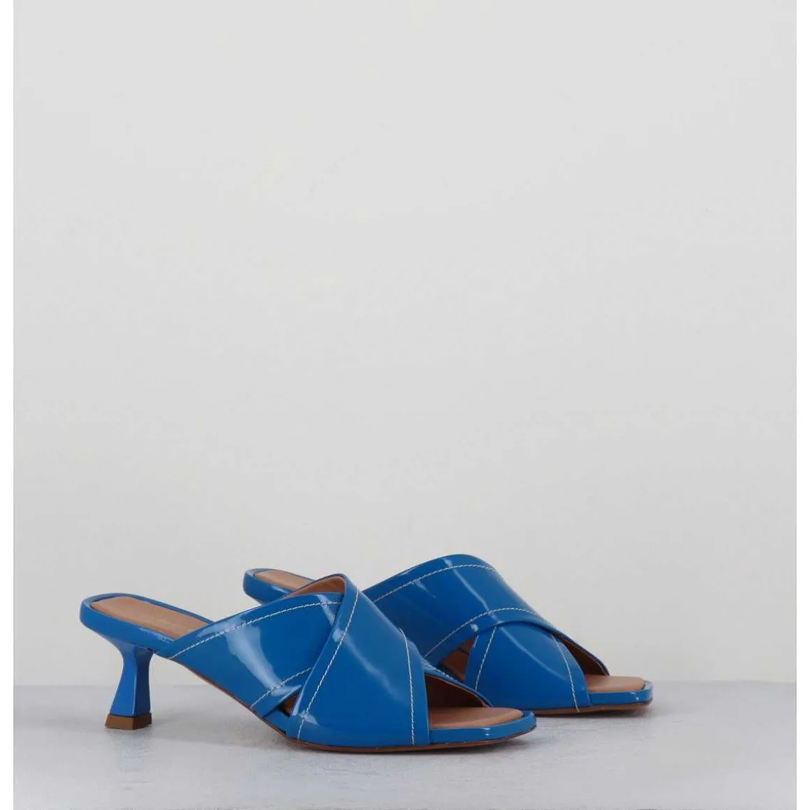Mules Bout Carre Petit Talon Vernis Bleu - Cenza Vernice Blu