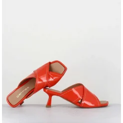 Mules Bout Carre Petit Talon Cuir Vernis Corail - Cenza Vernice Corallo