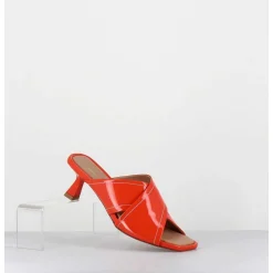 Mules Bout Carre Petit Talon Cuir Vernis Corail - Cenza Vernice Corallo