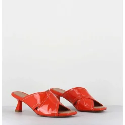Mules Bout Carre Petit Talon Cuir Vernis Corail - Cenza Vernice Corallo