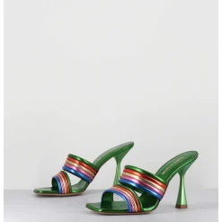 Mules Bout Carre Talon Haut Cuir Metallise Vert + Multicolore - Anne Laminato Rainbow