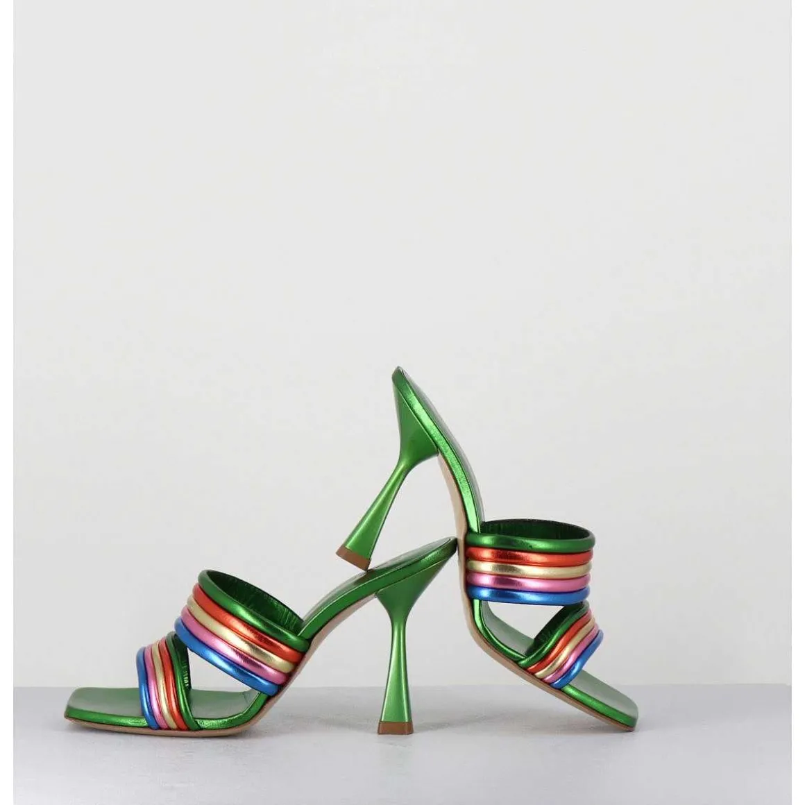 Mules Bout Carre Talon Haut Cuir Metallise Vert + Multicolore - Anne Laminato Rainbow