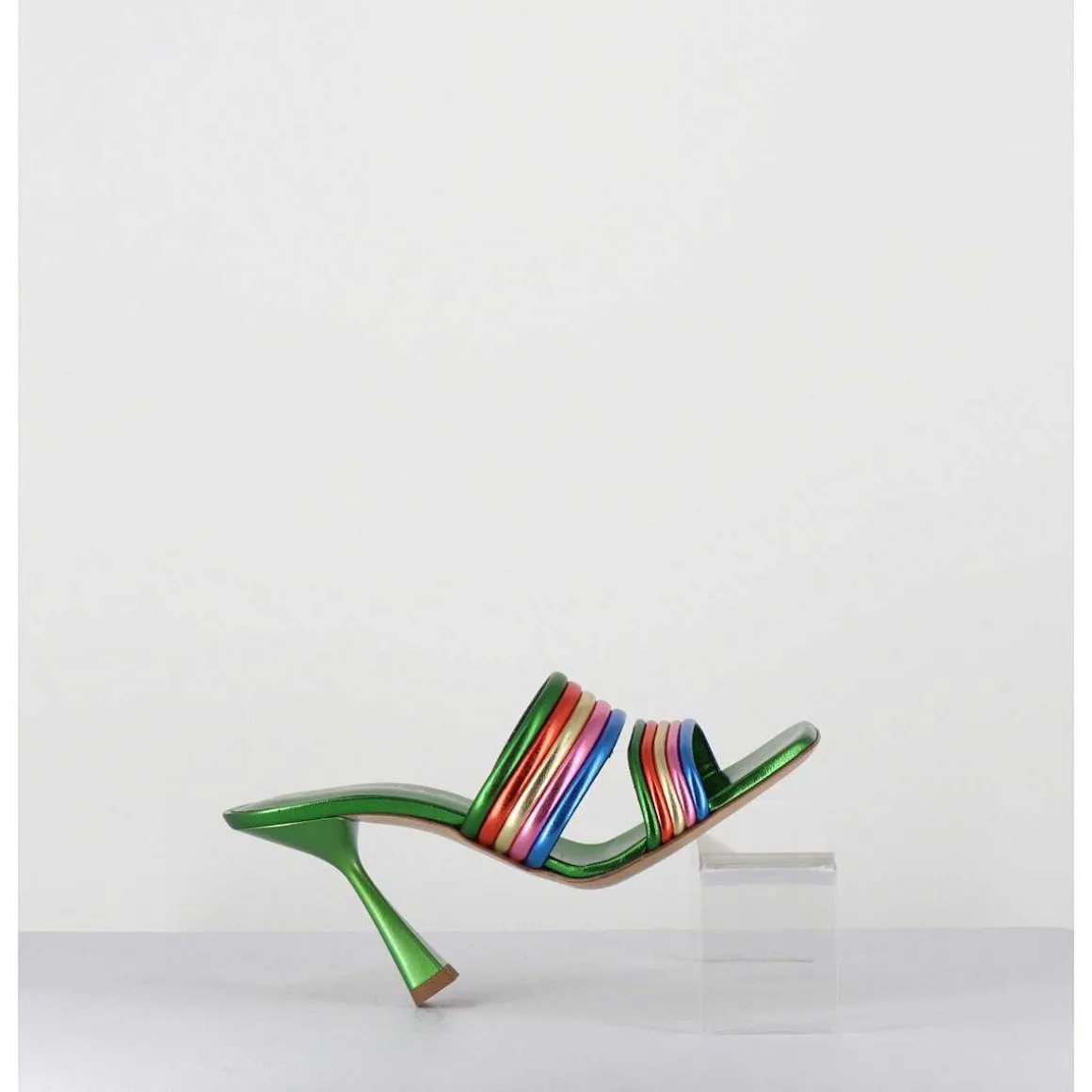 Mules Bout Carre Talon Haut Cuir Metallise Vert + Multicolore - Anne Laminato Rainbow