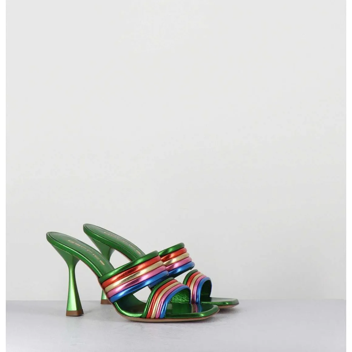 Mules Bout Carre Talon Haut Cuir Metallise Vert + Multicolore - Anne Laminato Rainbow