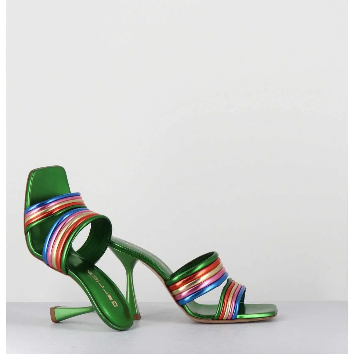 Mules Bout Carre Talon Haut Cuir Metallise Vert + Multicolore - Anne Laminato Rainbow