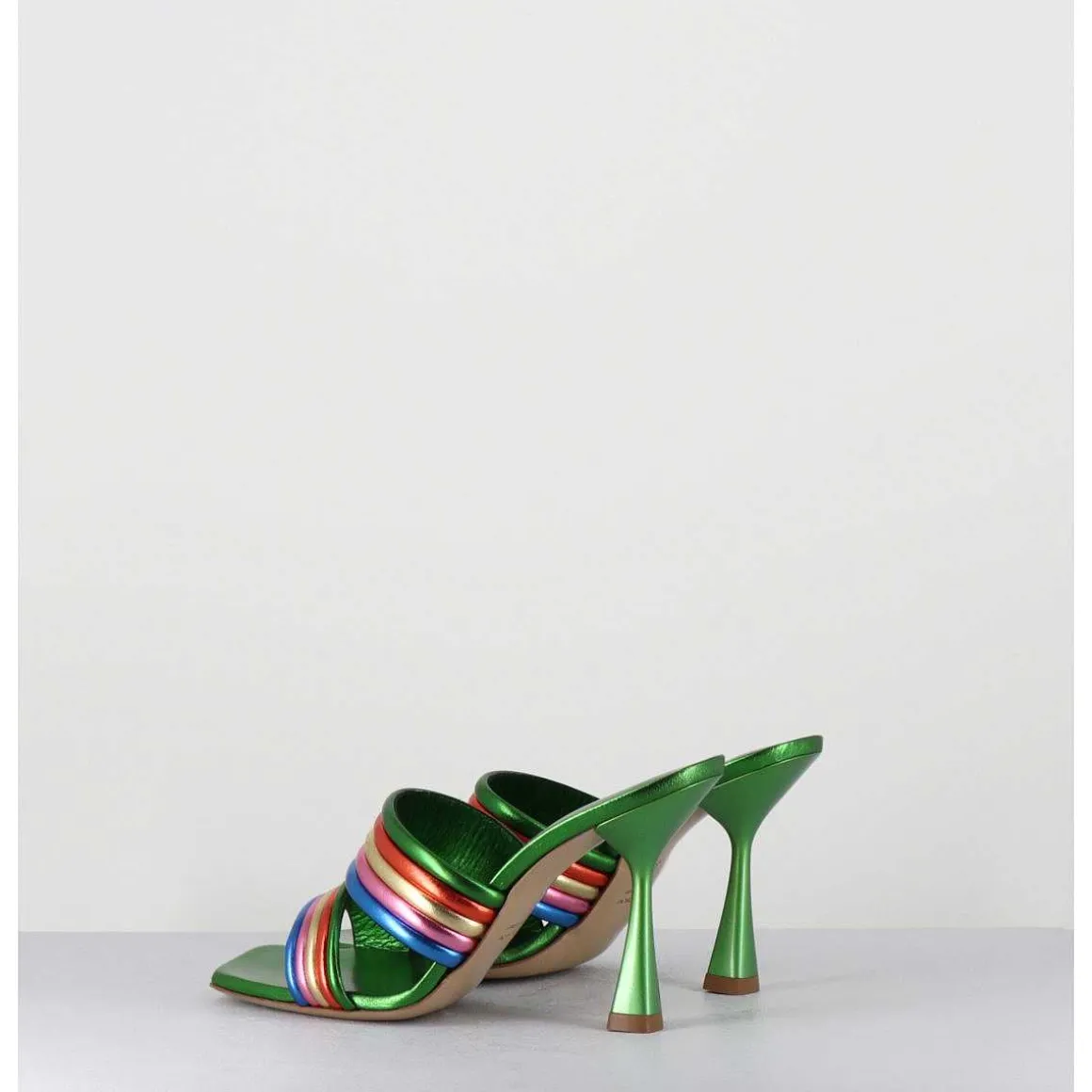 Mules Bout Carre Talon Haut Cuir Metallise Vert + Multicolore - Anne Laminato Rainbow