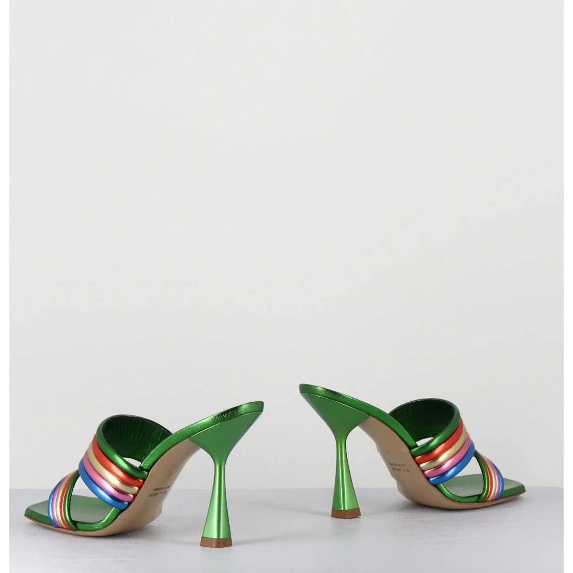 Mules Bout Carre Talon Haut Cuir Metallise Vert + Multicolore - Anne Laminato Rainbow