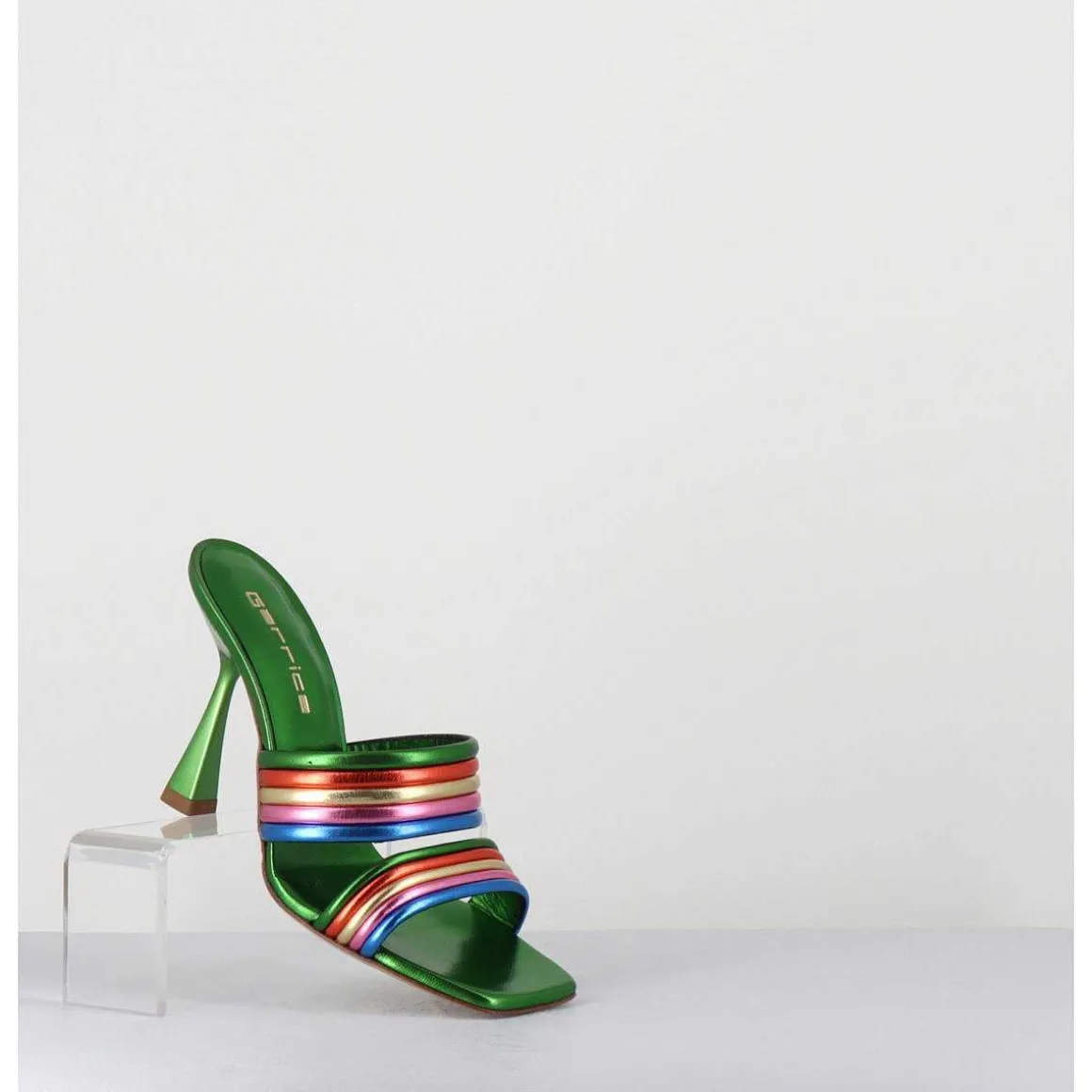 Mules Bout Carre Talon Haut Cuir Metallise Vert + Multicolore - Anne Laminato Rainbow