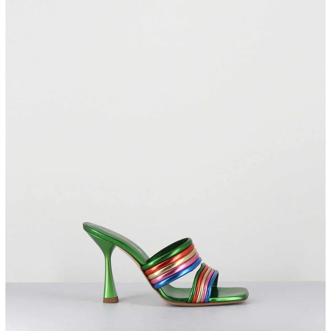 Mules Bout Carre Talon Haut Cuir Metallise Vert + Multicolore - Anne Laminato Rainbow