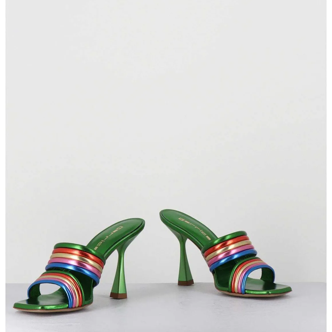 Mules Bout Carre Talon Haut Cuir Metallise Vert + Multicolore - Anne Laminato Rainbow