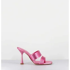 Mules Bout Carre Talon Haut Cuir Metallise Rose - Anne Laminato Ninfea