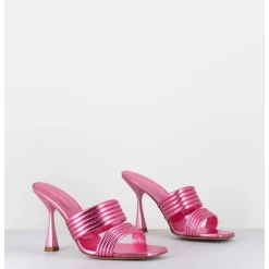 Mules Bout Carre Talon Haut Cuir Metallise Rose - Anne Laminato Ninfea