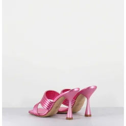 Mules Bout Carre Talon Haut Cuir Metallise Rose - Anne Laminato Ninfea