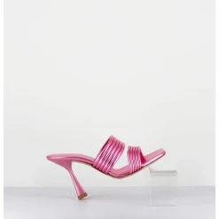Mules Bout Carre Talon Haut Cuir Metallise Rose - Anne Laminato Ninfea